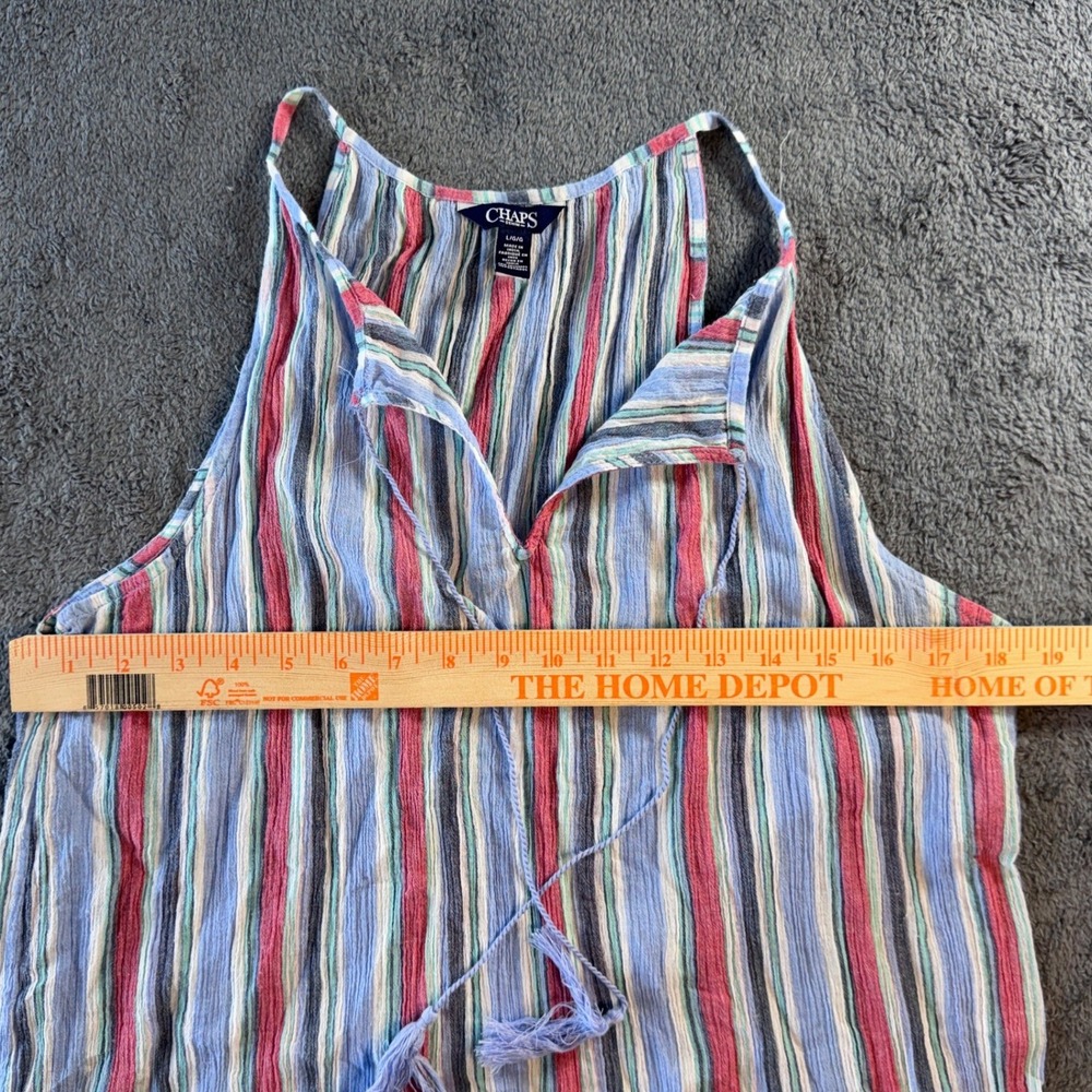 Chaps Denim Womens Large Striped Sleeveless Tank Top Tassel Tie Blue Red Gauze - Picture 3 of 5